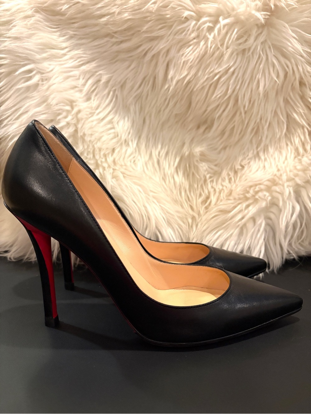 Christian Louboutin Black Leather Pointed-Toe Stiletto Pumps with Red Soles